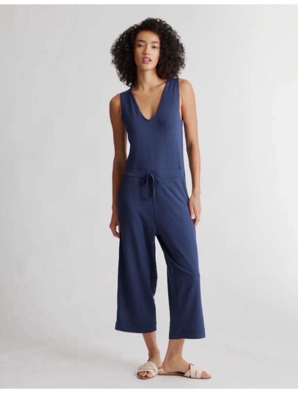 Quince Sleeveless V-Neck Wide-Leg Jumpsuit in Navy Blue